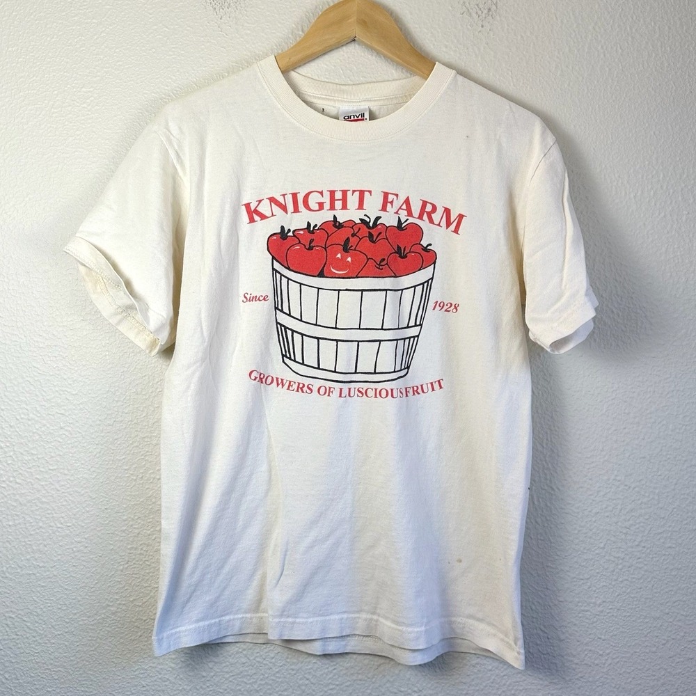 Vintage Apple Graphic Anvil Knight Farm T-Shirt Mens Medium Cream Good Tee